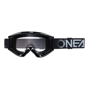 Des lunettes O'NEAL B-ZERO avec un verre clair, une lanière réglable avec le nom de la marque "O'NEAL" imprimé en blanc et des accents blancs rayés sur fond noir. Le design fin et carré de la monture complète les lunettes de motocross.