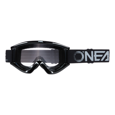 Occhiali O'NEAL B-Zero con lenti chiare, cinturino regolabile con il marchio "O'NEAL" stampato in bianco e accenti bianchi a righe su sfondo nero. La montatura sottile e angolare completa gli occhiali da motocross.
