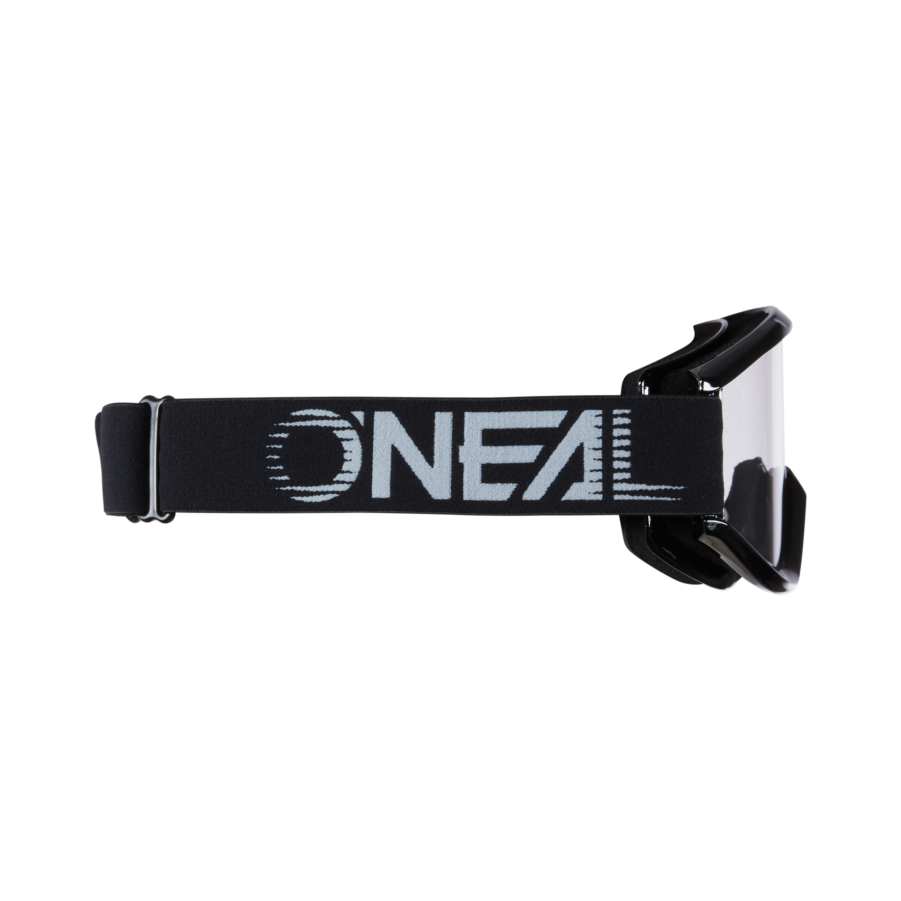 Ein Paar O'NEAL B-ZERO Brille Motocross-Brillen mit einem breiten, verstellbaren Riemen, auf dem der Name „O'NEAL“ in fetten, weißen Buchstaben steht. Mit einer klaren Linse und einem schwarzen Rahmen sind diese schwarzen Brillen für optimalen Augenschutz und eine bequeme Passform für Fahrer vor einem schlichten schwarzen Hintergrund konzipiert.