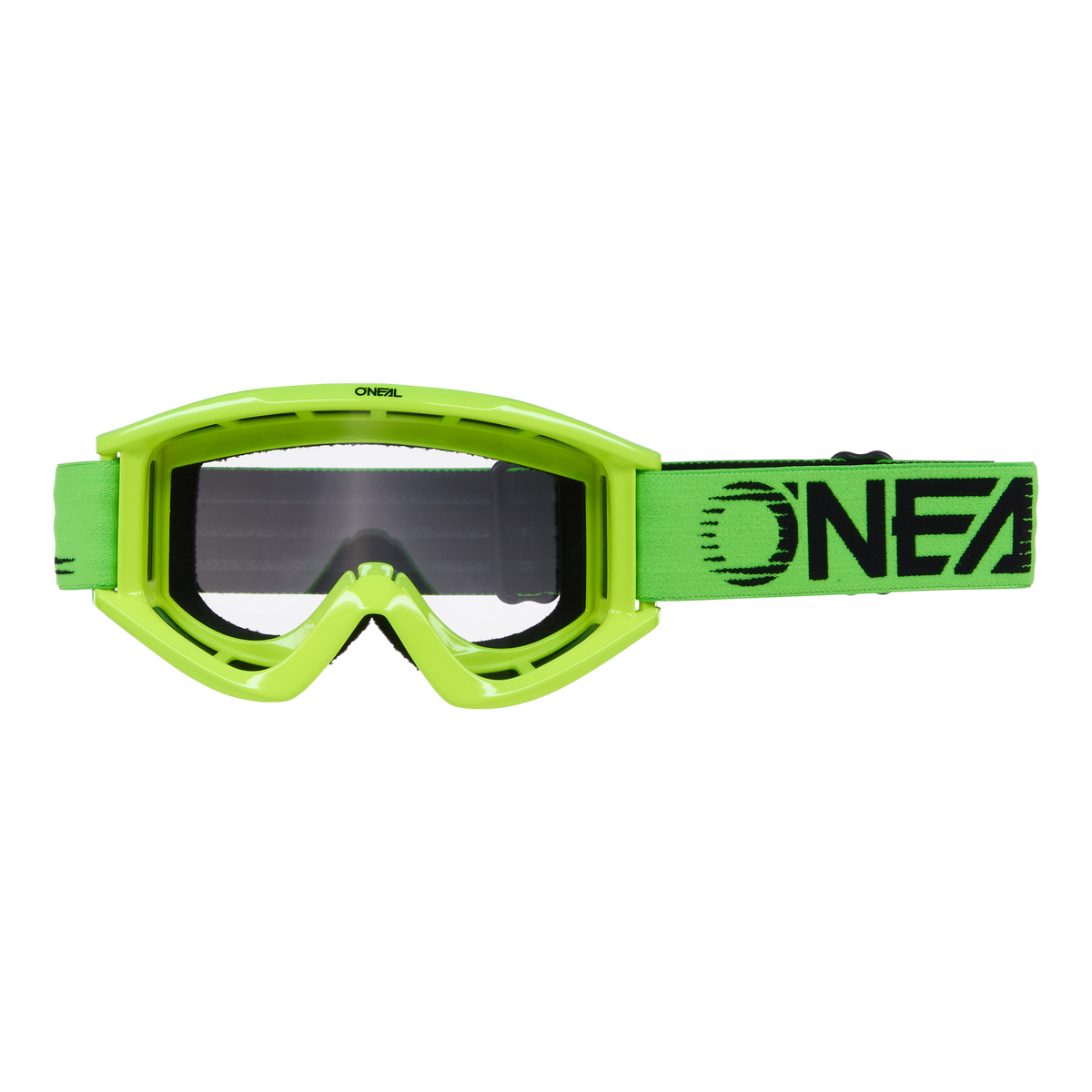 Die O'NEAL B-ZERO Goggle 10pcs hat einen leuchtend grünen Rahmen, klare Gläser und ein verstellbares Band mit dem schwarzen O'NEAL-Logo. Ideal für Motocross und Mountainbiking, bieten sie vielseitigen Schutz und Stil.