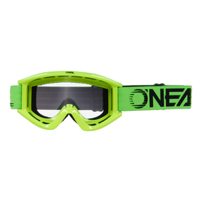 Die O'NEAL B-ZERO Goggle 10pcs von O'NEAL hat einen leuchtend grünen Rahmen, klare Gläser und ein schwarzes verstellbares Band mit dem O'NEAL-Logo. Abgebildet vor einem schlichten schwarzen Hintergrund.