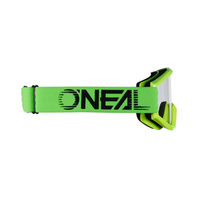 An der O'NEAL B-ZERO Goggle 10pcs ist ein grünes, elastisches Band mit dem schwarzen Schriftzug "O'NEAL" angebracht, wodurch sie ideal für Motocross oder Mountainbiking ist.