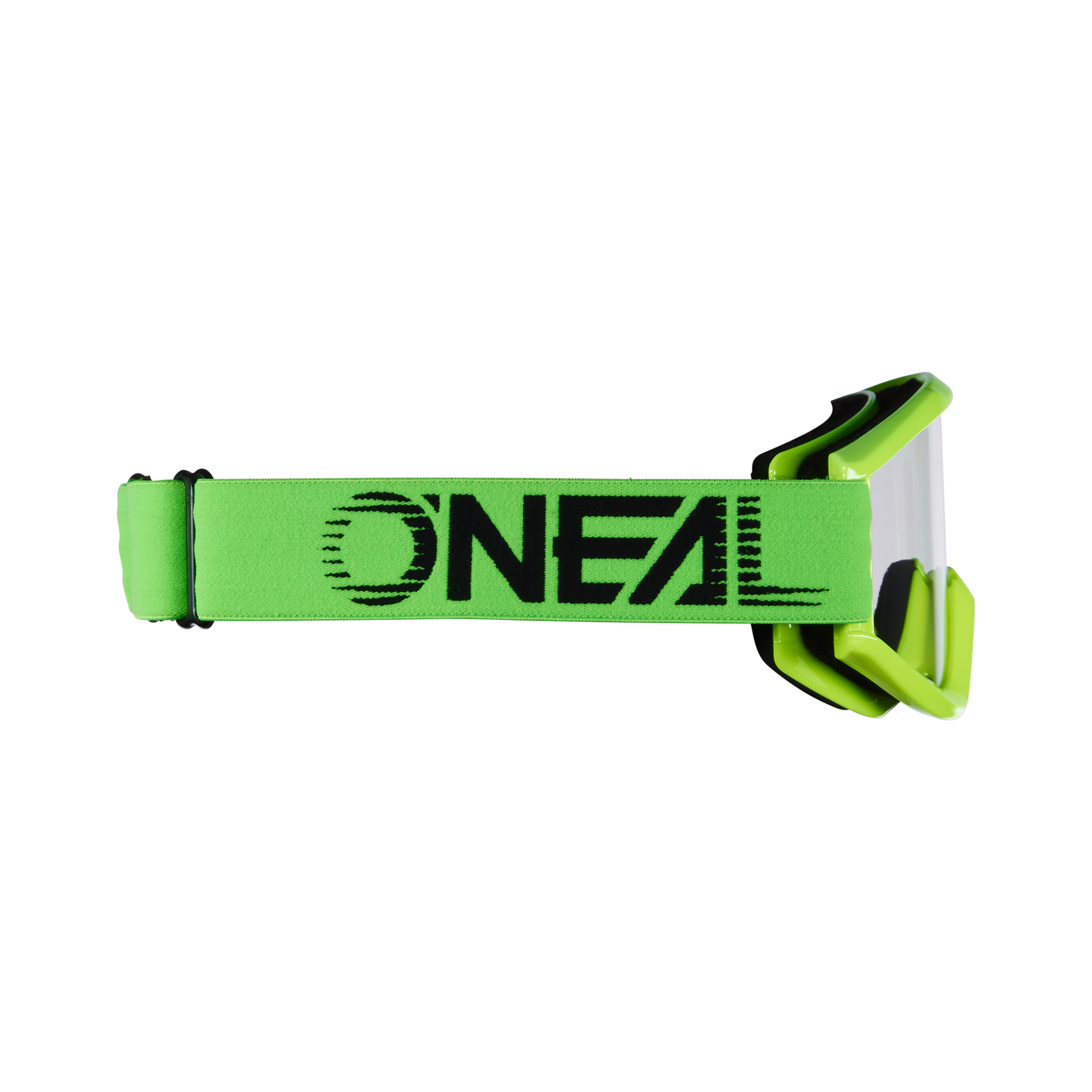 Die O'NEAL B-ZERO Goggle 10pcs hat einen grün-weißen Rahmen mit einem leuchtend grünen Band und einem auffälligen schwarzen O'NEAL-Branding - ideal für Fans von Mountainbike- oder Motocross-Schutzbrillen.