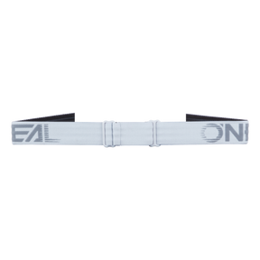 Le bandeau blanc réglable des lunettes O'NEAL B-ZERO, avec l'inscription partiellement visible "REAL" sur le côté gauche et "ON" sur le côté droit, dispose de deux curseurs de réglage au milieu pour un ajustement parfait de la taille - idéal pour les amateurs de motocross ou de VTT.
