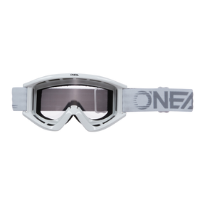 Les lunettes O'NEAL B-ZERO, des lunettes de motocross blanches, disposent d'un verre transparent et d'une lanière ajustable avec le nom de la marque "O'NEAL" en lettres grasses. La monture dispose de fentes d'aération le long du bord supérieur, ce qui la rend parfaite pour les passionnés de lunettes de motocross qui accordent de l'importance au style et à la fonctionnalité.