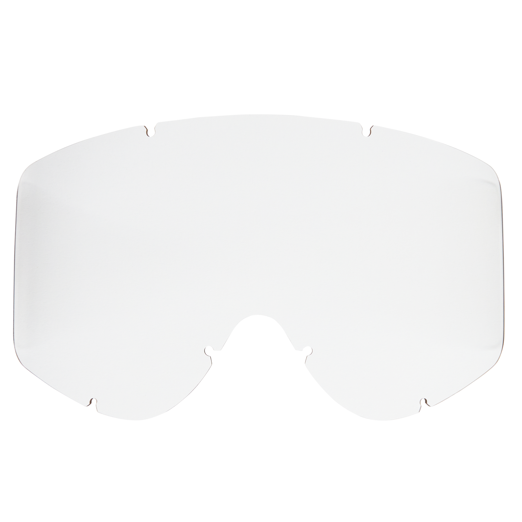 Die O'NEAL B-ZERO Goggle Ersatzlinse von O'NEAL ist eine klare, gebogene Ersatzlinse mit mehreren Kerben am oberen und unteren Rand, abgebildet auf schwarzem Hintergrund.