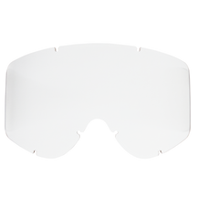 Die O'NEAL B-ZERO Goggle Ersatzlinse von O'NEAL ist eine klare, gebogene Ersatzlinse mit mehreren Kerben am oberen und unteren Rand, abgebildet auf schwarzem Hintergrund.