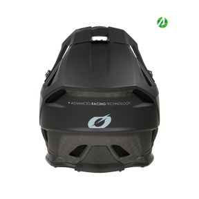 Casco O'NEAL Blade Carbon IPX® nero opaco con aperture di ventilazione posteriori, "ADVANCED RACING TECHNOLOGY", logo O'NEAL bianco e piccolo simbolo verde. Perfetto per un casco da MTB o mountain bike.