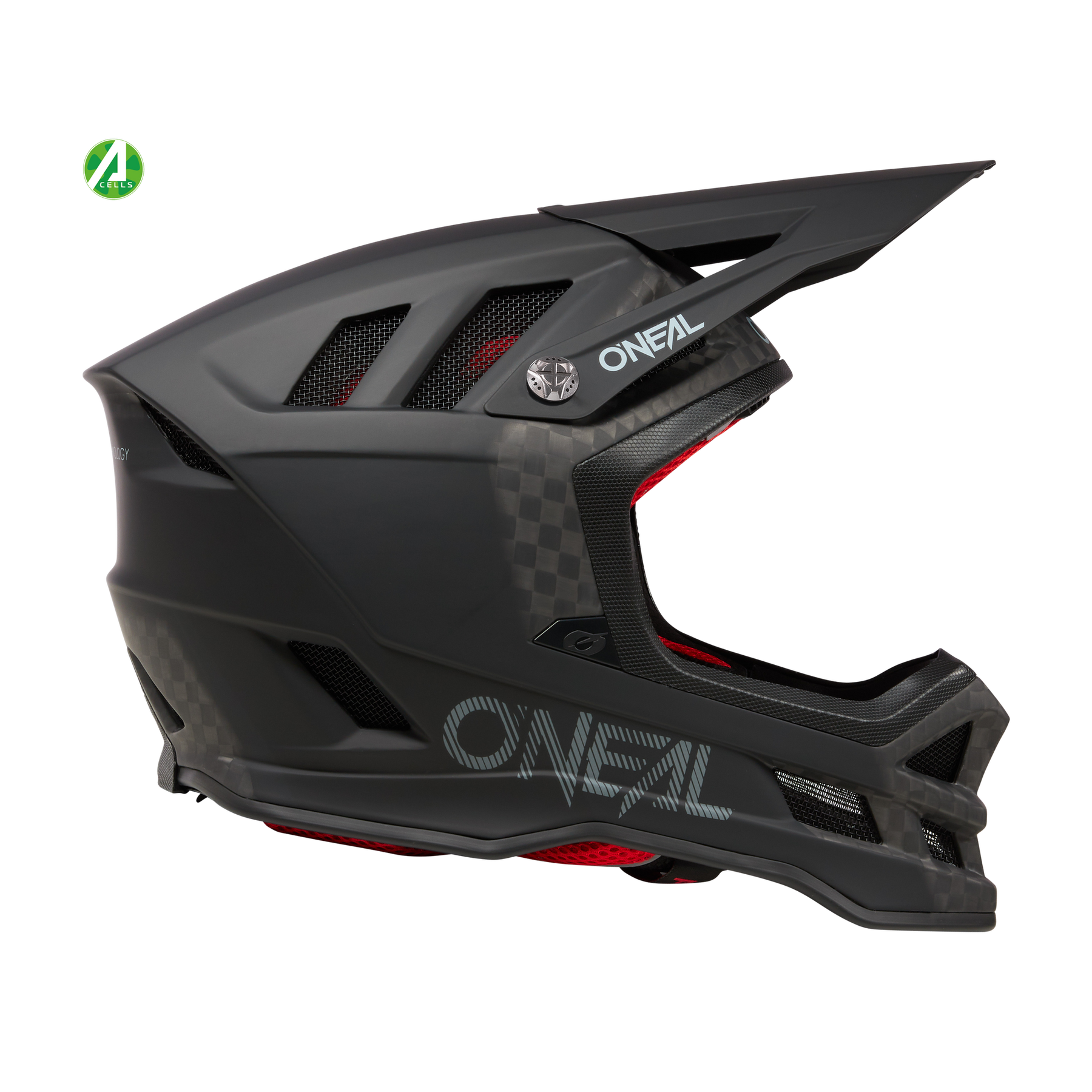 Der O'NEAL BLADE Carbon IPX® Helm ist ein mattschwarzer Fullface-MTB-Helm mit kantigen Belüftungsöffnungen, einem Visier, einem auffälligen grauen "O'NEAL"-Branding an der Seite und einer teilweise sichtbaren roten Innenpolsterung.