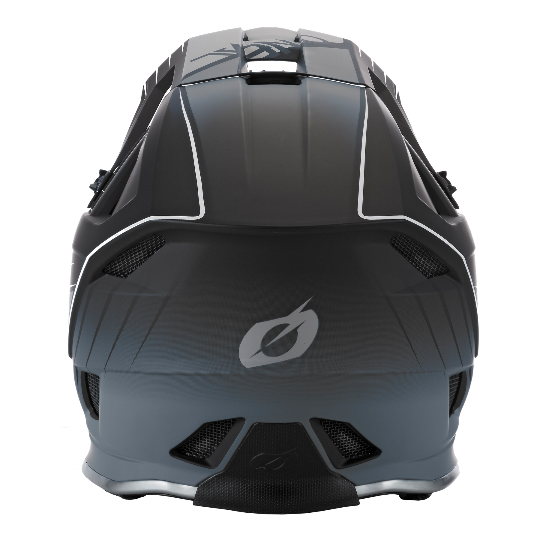 Ein mattschwarzer O'NEAL BLADE Polyacrylite Helm DELTA von hinten gesehen, mit aerodynamischen Rippen, weißen Akzentlinien, Mesh-Belüftung und einem zentralen runden Logo - ideal für jeden Mountainbike-Profi.