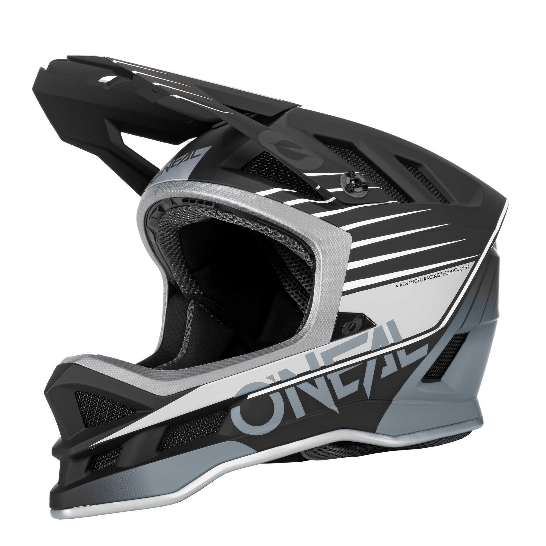 Der O'NEAL BLADE Polyacrylite Helm DELTA bietet ein schwarzes, graues und weißes Design mit Visier und Mesh-Belüftung - perfekt für Mountainbike-Profis, die Top-Schutz und Style suchen.