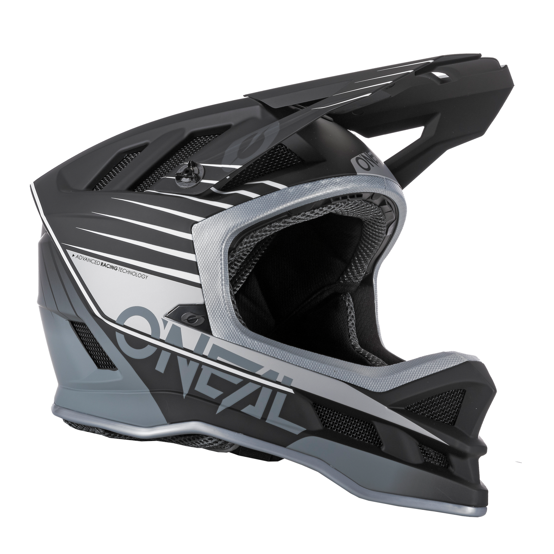 Der O'NEAL BLADE Polyacrylite Helm DELTA ist ein schwarz-grauer Fullface-MTB-Helm mit weißem "O'NEAL"-Branding, einem robusten Visier und mehreren Belüftungsöffnungen - perfekt für Mountainbike-Profis.