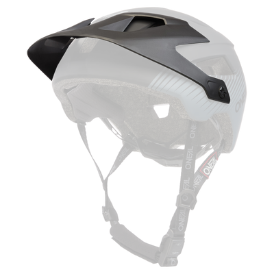 Der O'NEAL Visor DEFENDER Helmet GRILL ist ein schwarz-grauer Fahrradhelm mit Belüftungslöchern, einem verstellbaren Visier und O'NEAL-Markenriemen mit Schnalle.