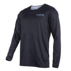 The O'NEAL Custom Jersey ELEMENT FR PLAIN is a black, long-sleeved sports jersey with a round neckline, subtle mesh details and the O'NEAL logo on the upper left chest. It is lightweight and has an original O'NEAL design and is made for performance.