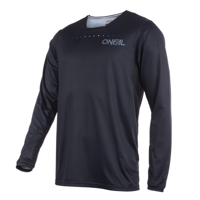 The O'NEAL Custom Jersey ELEMENT FR PLAIN is a black, long-sleeved sports jersey with a round neckline, subtle mesh details and the O'NEAL logo on the upper left chest. It is lightweight and has an original O'NEAL design and is made for performance.