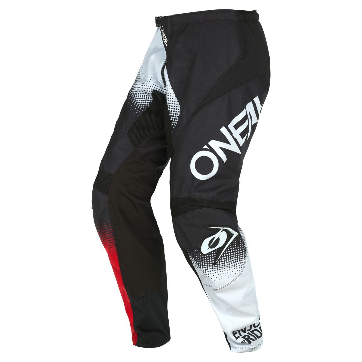 Black, white and red O'NEAL ELEMENT pants RACEWEAR pants with eye-catching thigh logo, graphic patterns and reinforced knee sections - ideal for off-road motorsports.