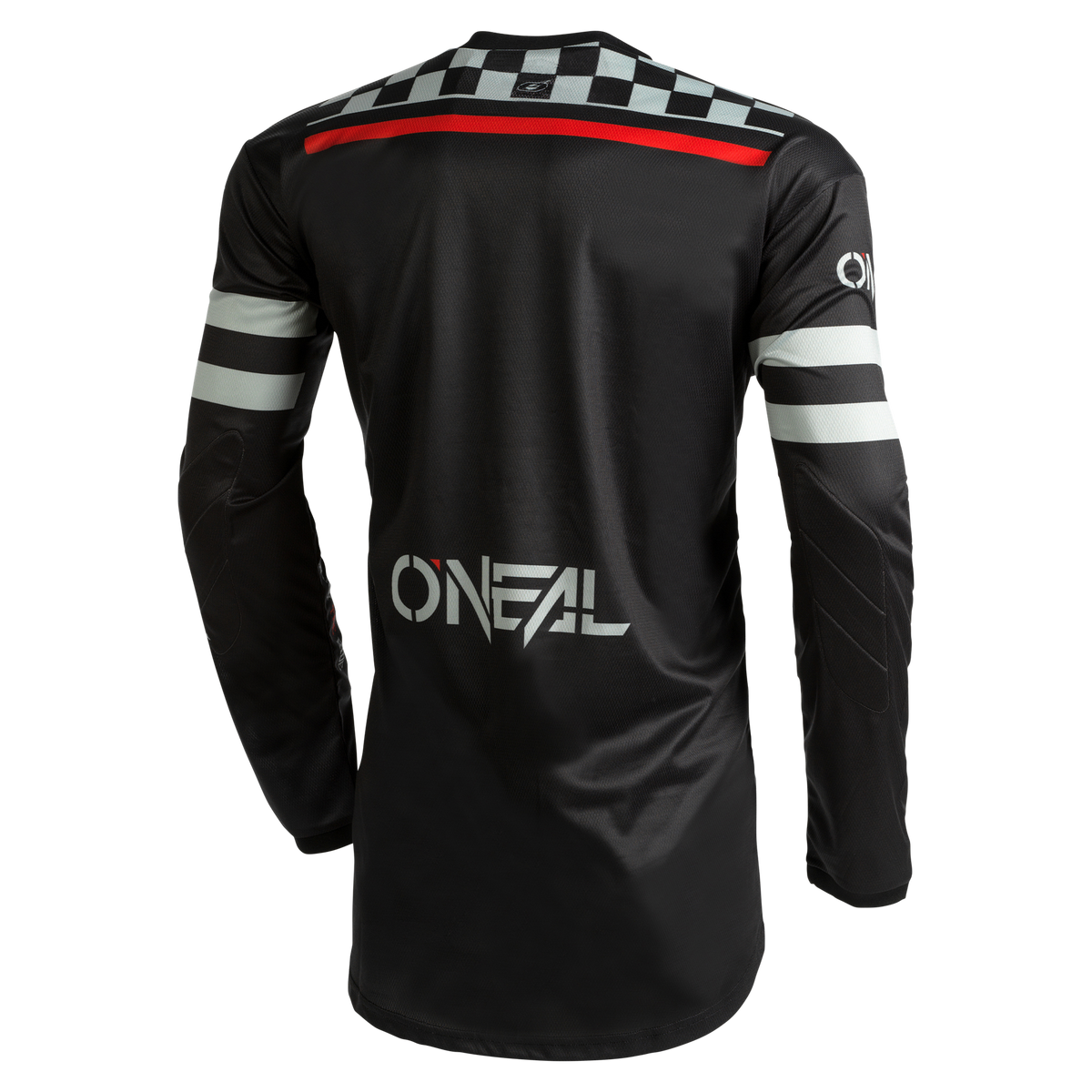 El maillot personalizado O'NEAL Element SQUADRON tiene un diseño negro con el logotipo blanco en la espalda, rayas blancas y grises en las mangas, dibujo de tablero de ajedrez y una franja roja en los hombros: un maillot único de O'NEAL.