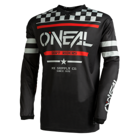 The O'NEAL Custom Jersey ELEMENT SQUADRON is a black long-sleeved jersey with white and red graphics, a check pattern and bold stripes - ideal as a personalized jersey for motocross fans.