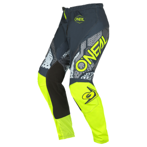 Gli Element Pants CAMO di O'NEAL in nero, grigio e giallo neon con grafica accattivante e marchio O'NEAL sono progettati per garantire prestazioni motoristiche e una maggiore protezione in ogni corsa.