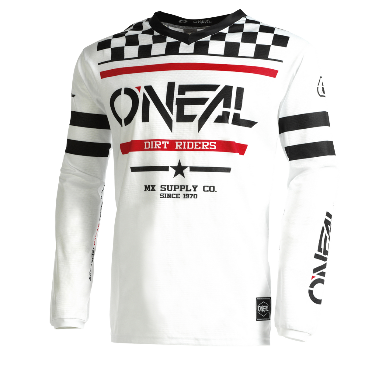 Maillot personalizado O'NEAL Niños SQUADRON: Maillot blanco de motocross de manga larga con gráficos en negro y rojo, letras "DIRT RIDERS", estampado a cuadros y logotipos O'NEAL en las mangas y el pecho.