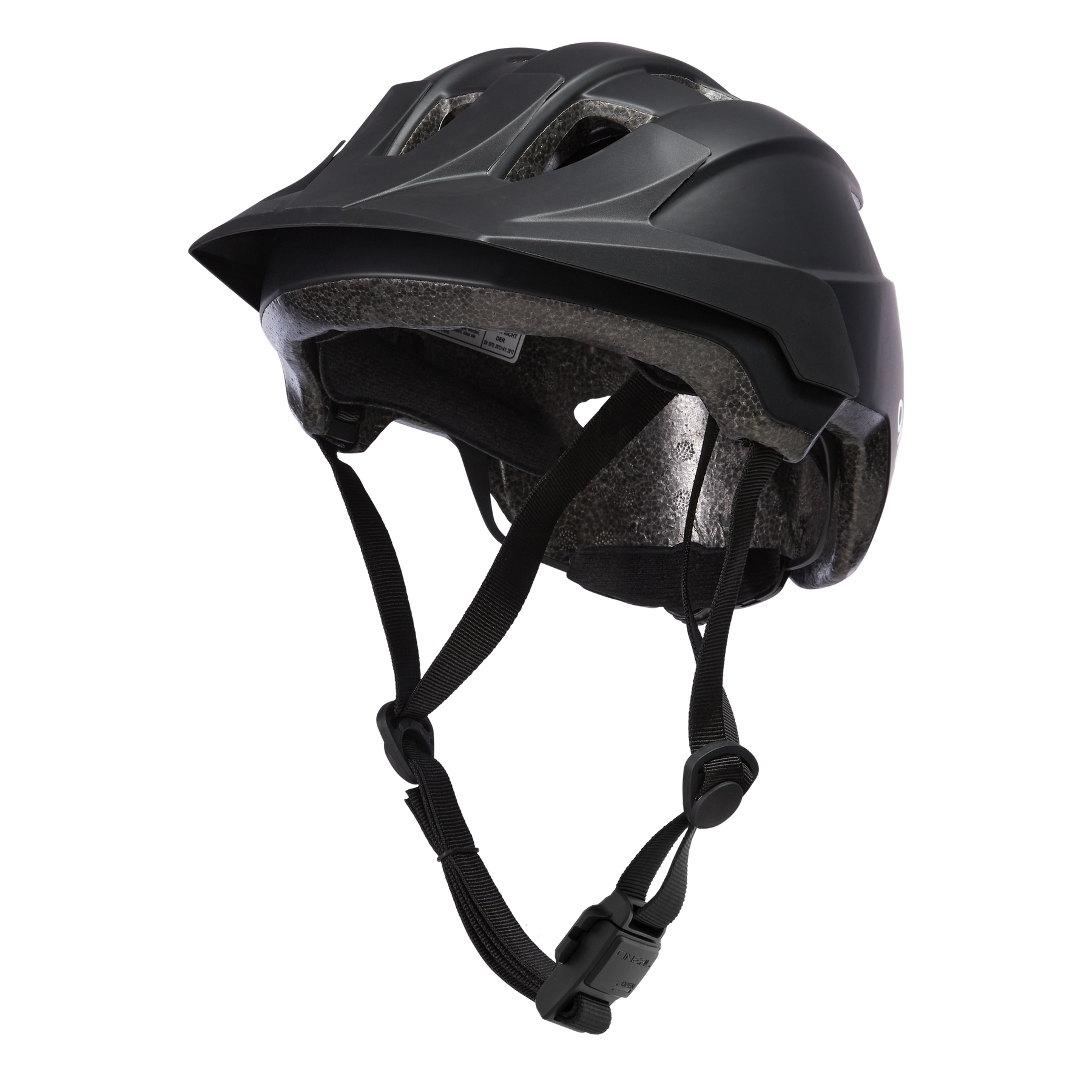 Der O'NEAL FLARE Helm Kinder PLAIN ist ein mattschwarzer Kinderfahrradhelm mit verstellbaren Riemen und Belüftung, abgebildet auf einem weißen Hintergrund - ideales O'NEAL Actionsport Zubehör für junge Fahrer.