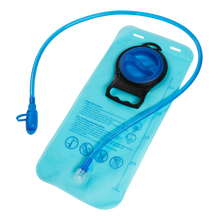 The O'NEAL Hydration Bladder ROMER backpack has a blue design with a long drinking tube, mouthpiece, measurement markings and printed instructions - ideal for staying hydrated on the go.