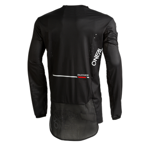 Das O'NEAL Custom Jersey HARDWEAR ELITE ist ein schwarzes, langärmeliges Trikot mit Mesh im unteren Rückenbereich, weißem ONEAL"-Schriftzug auf der rechten Seite und einer rot-weißen ENJOY RIDE"-Grafik - ideal für alle, die einen personalisierten O'NEAL-Look wünschen.