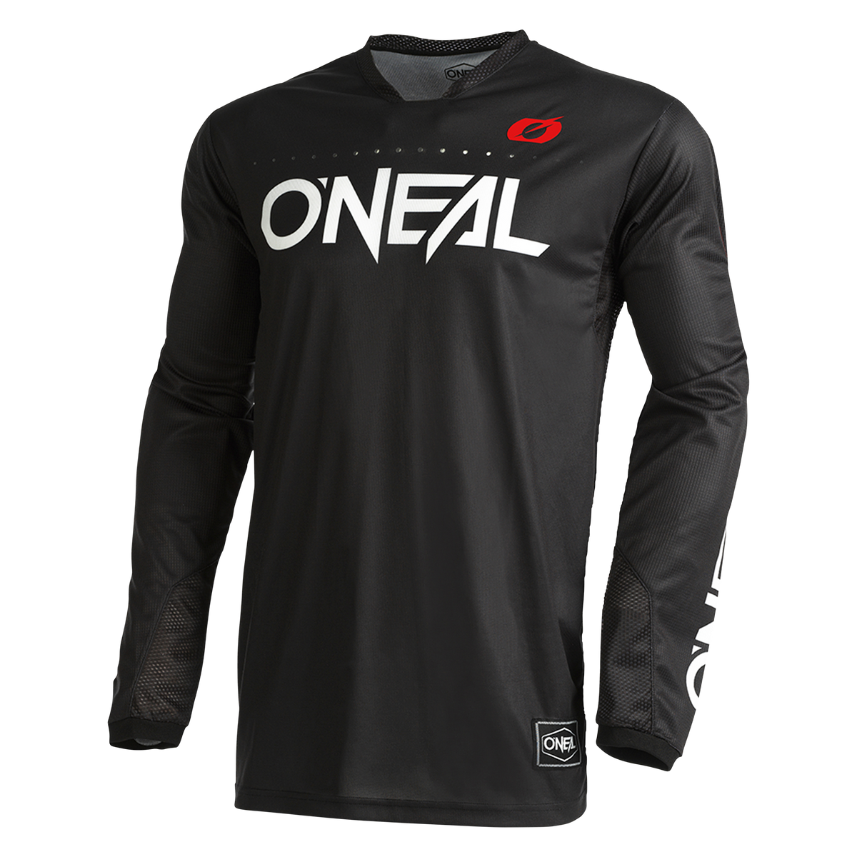 El maillot personalizado O'NEAL Hardwear ELITE se caracteriza por las llamativas letras blancas "ONEAL" sobre fondo negro, las inserciones de malla transpirable y el logotipo rojo de la "O" en el cuello: perfecto para los ciclistas que buscan un maillot único de alto rendimiento.