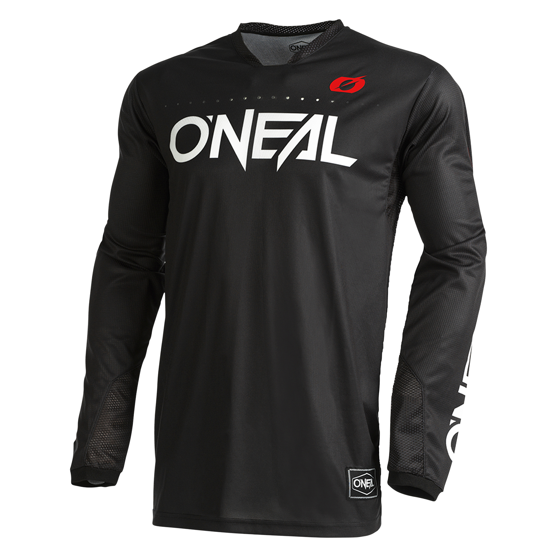 Das O'NEAL Custom Jersey HARDWEAR ELITE zeichnet sich durch einen auffälligen weißen ONEAL"-Schriftzug auf schwarzem Grund, atmungsaktive Netzeinsätze und ein rotes O"-Logo am Kragen aus - perfekt für Fahrer, die ein einzigartiges, leistungsstarkes Trikot suchen.