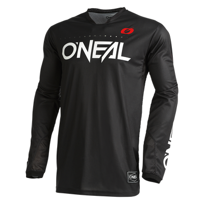 Das O'NEAL Custom Jersey HARDWEAR ELITE zeichnet sich durch einen auffälligen weißen ONEAL"-Schriftzug auf schwarzem Grund, atmungsaktive Netzeinsätze und ein rotes O"-Logo am Kragen aus - perfekt für Fahrer, die ein einzigartiges, leistungsstarkes Trikot suchen.