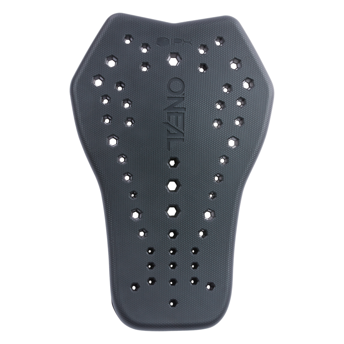El O'NEAL IPX-HP es un protector dorsal negro para moto con aberturas de ventilación hexagonales y el logotipo de O'NEAL grabado en el centro sobre un fondo negro liso.