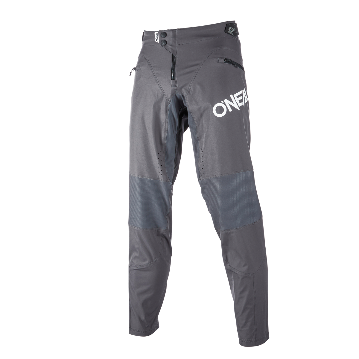 Die O'NEAL LEGACY Hose, die für Zweiradsport Gear-Fans entworfen wurde und von Greg Minnaar inspiriert ist, verfügt über Reißverschlusstaschen und verstärkte Kniepartien, hier in Grau auf weißem Grund.
