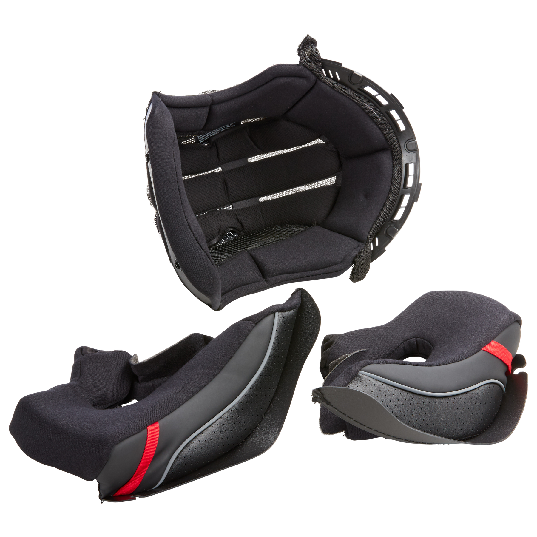 Das O'NEAL Liner & Cheek Pads D-SRS Helmset besteht aus einem oberen Liner und zwei seitlichen Wangenpolstern in Schwarz und Grau, eines davon mit einem roten Akzent. Diese O'NEAL-Polster sind mit perforierten und Mesh-Einsätzen ausgestattet und bieten eine verbesserte Atmungsaktivität.