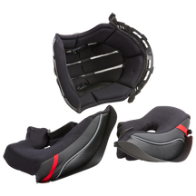 Das O'NEAL Liner & Cheek Pads D-SRS Helmset besteht aus einem oberen Liner und zwei seitlichen Wangenpolstern in Schwarz und Grau, eines davon mit einem roten Akzent. Diese O'NEAL-Polster sind mit perforierten und Mesh-Einsätzen ausgestattet und bieten eine verbesserte Atmungsaktivität.