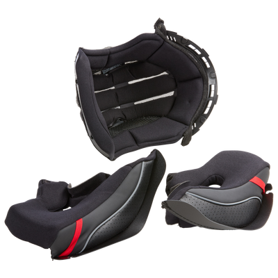 Das O'NEAL Liner & Cheek Pads D-SRS Helmset besteht aus einem oberen Liner und zwei seitlichen Wangenpolstern in Schwarz und Grau, eines davon mit einem roten Akzent. Diese O'NEAL-Polster sind mit perforierten und Mesh-Einsätzen ausgestattet und bieten eine verbesserte Atmungsaktivität.
