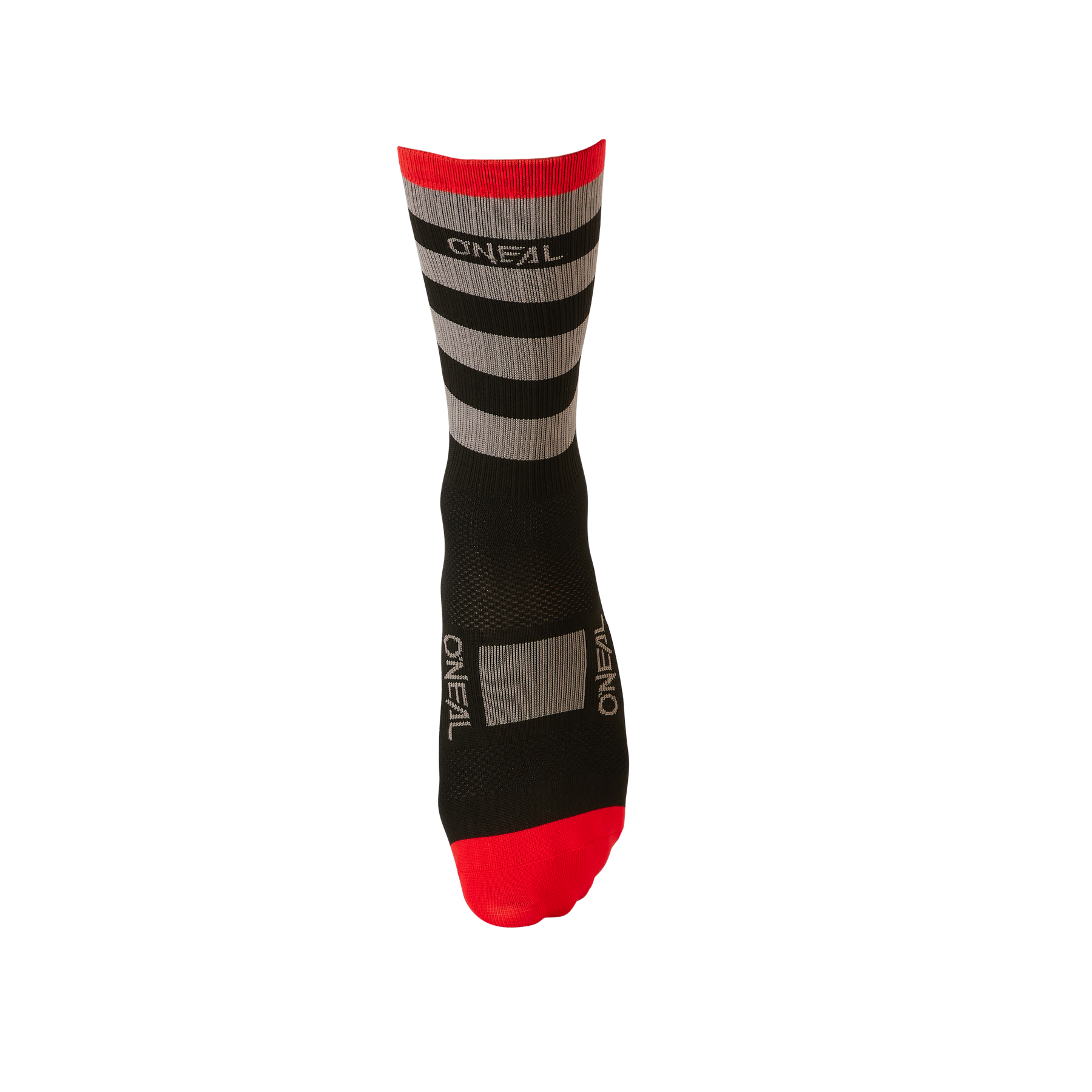 Eine einzelne schwarze O'NEAL MTB Performance Socke STRIPE mit grauen Streifen und roten Akzenten, mit weißem Aufdruck "O'NEAL" am Fuß und am Bündchen.