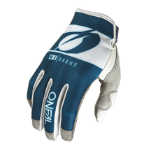 A blue and white O'NEAL MAYHEM glove RIDER motocross glove with "O'NEAL" and "MX BRAND" logo on the back of the hand, suede-like palm and fingers, isolated on a black background.