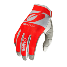 The O'NEAL MAYHEM glove RIDER is a red and white cycling glove with gray fingertips and palm, eye-catching O'NEAL branding on the back of the hand and a fitted cuff on the wrist.