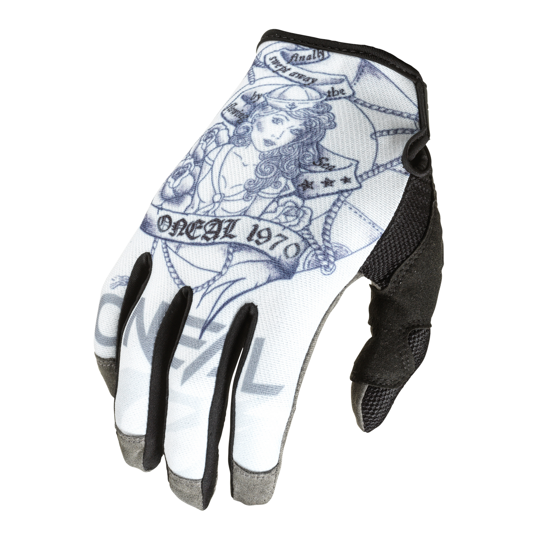 Der O'NEAL MAYHEM Handschuh SAILOR ist ein weiß-schwarzer Handschuh mit einer tätowierten Frau, Sternen und dem Schriftzug "O'NEAL 1970" auf dem Rücken - perfekt als robuster Motocross-Handschuh.