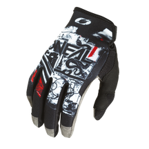 Der O'NEAL MAYHEM Handschuh SCARZ ist ein schwarz-grauer Motocross-Handschuh aus Neopren mit aufgedruckter Grafik, roten und weißen Akzenten, "O'NEAL"-Branding auf dem Handrücken, strukturierten Fingerspitzen, verstärkten Griffbereichen und extra langer Haltbarkeit.