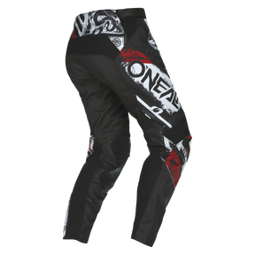 The O'NEAL MAYHEM pants SCARZ by O'NEAL are made of black fabric with red, white and gray graphics, breathable material, reinforced knees and a slim, tapered design.