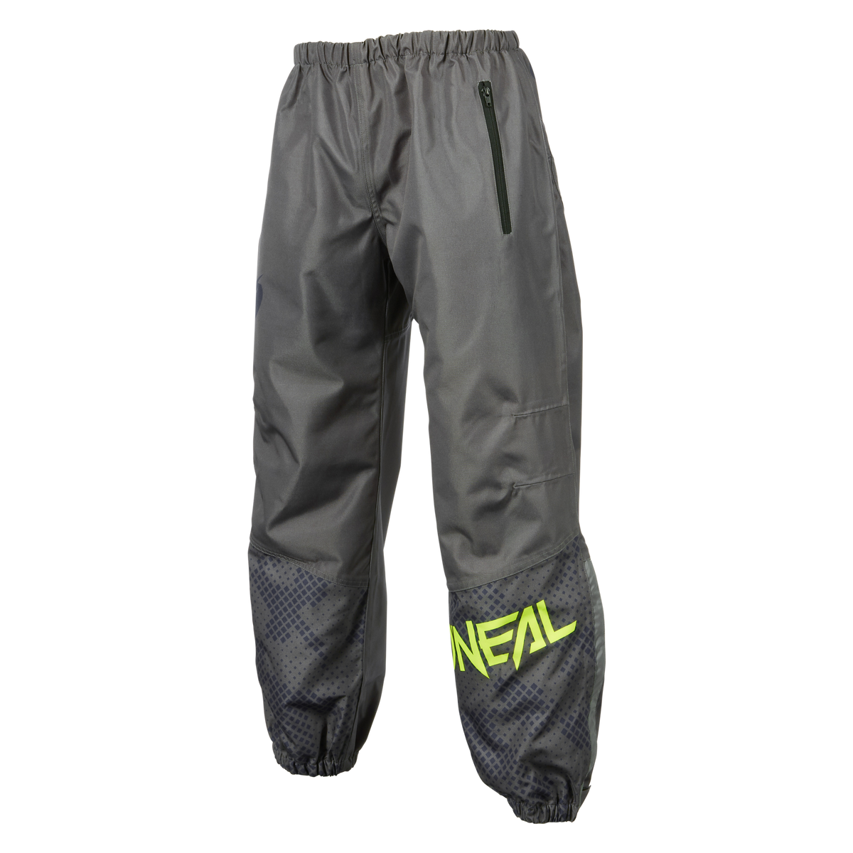 Mit der O'NEAL SHORE Regenhose bleiben Sie bei Ihrem nächsten Abenteuer trocken: eine graue Motocross-Hose mit schwarzen, elastischen Bündchen, einer rechten Oberschenkeltasche mit Reißverschluss und einem auffälligen gelben "ONEAL"-Schriftzug - ideal als wasserabweisende Regenhose.