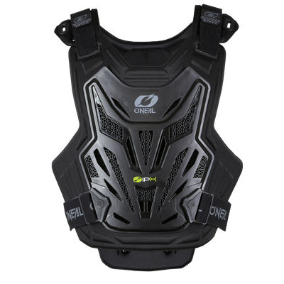 Der O'NEAL SPLIT LITE Chest Protector verfügt über eine Hartschale, belüftete Paneele und verstellbare Riemen. Ideal als MTB Zubehör von O'NEAL für den sportlichen Einsatz, zeigt er ein gelbes "IPX" Logo in der Mitte.