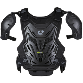 Der O'NEAL SPLIT PRO Brustprotektor in Schwarz und Grau verfügt über verstellbare Träger, Belüftungslöcher und ein auffälliges O'NEAL-Branding - ideal für Motorsportfans.
