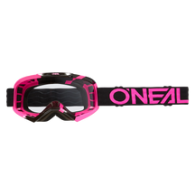 Die O'NEAL VAULT Brille SOLID ist eine Motocross-Brille im pink-schwarzen Design mit klarer Scheibe und schwarzem Gummiband mit pinkfarbenem O'NEAL"-Schriftzug - ein Muss für jeden Fahrer.