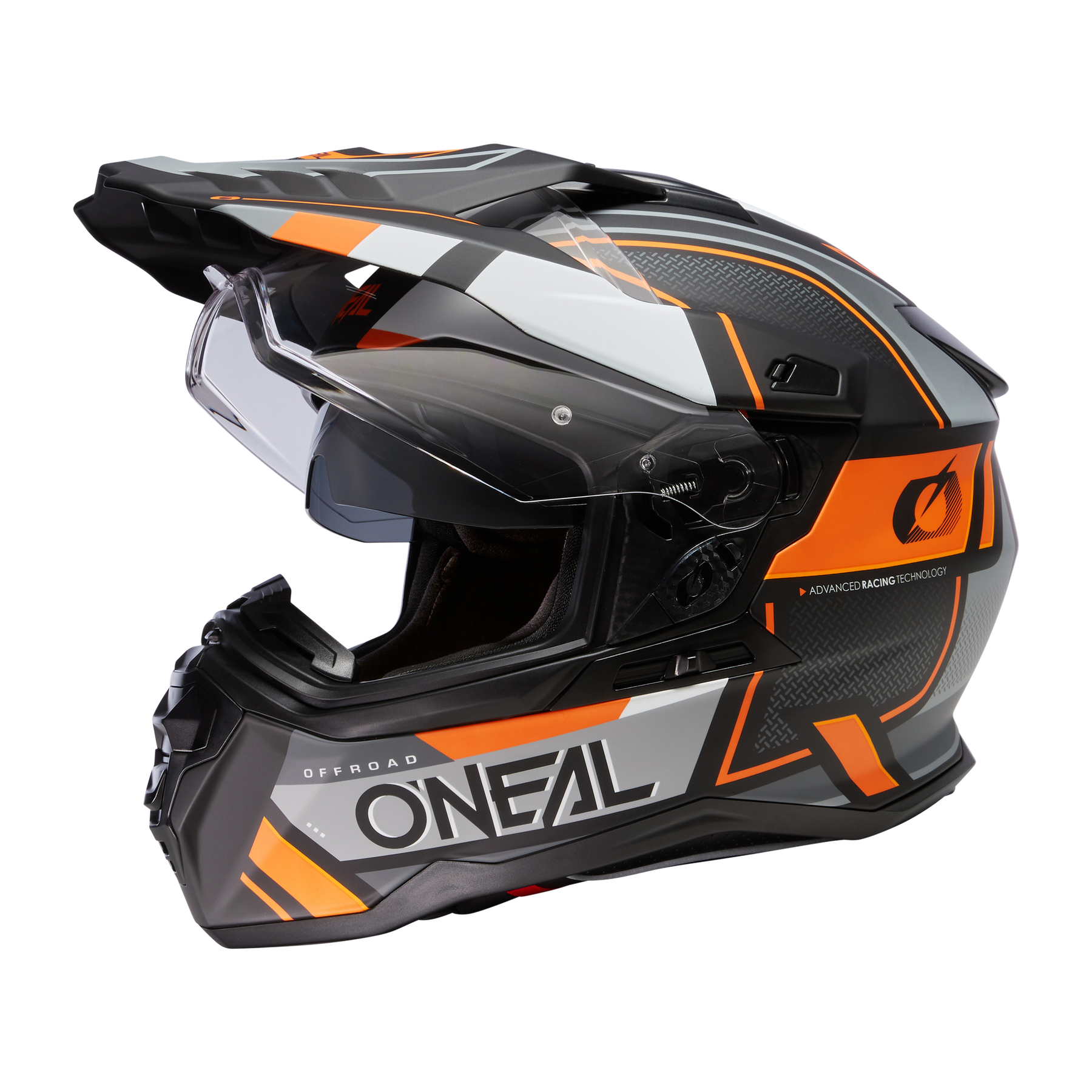 Der O'NEAL D-SRS Helm SQUARE ist ein schwarz-orange-weißer Helm mit einem Visier, aerodynamischem Design und dem O'NEAL-Markennamen an der Seite.