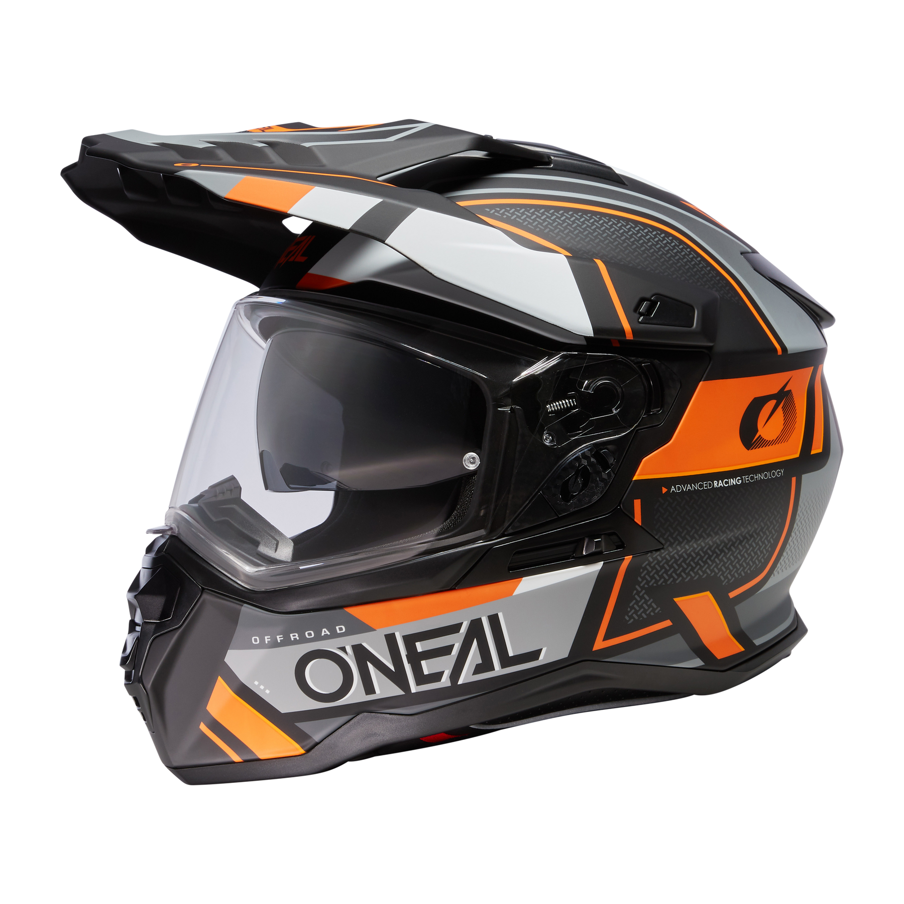 Der O'NEAL D-SRS Helm SQUARE ist ein schwarzer, weißer und orangefarbener Motorradhelm mit Visier, aerodynamischem Design und dem O'NEAL-Markennamen auf der Seite.