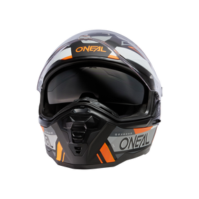 Vista frontale del casco O'NEAL D-SRS SQUARE nei colori nero, bianco e arancione, con visiera trasparente, occhiali interni colorati e il marchio O'NEAL sulla parte frontale e sui lati.