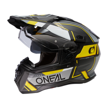 Der O'NEAL D-SRS Helm SQUARE ist ein schwarzer, gelber und weißer Off-Road-Helm mit Visier, geometrischen Mustern, seitlichem ONEAL"-Schriftzug und ADVANCED RACING TECHNOLOGY"-Text.