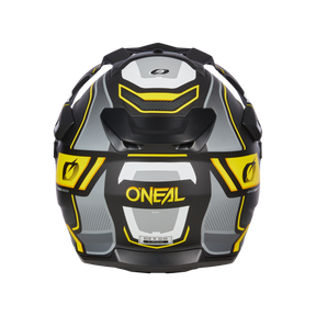 Vista posteriore del casco O'NEAL D-SRS SQUARE in nero, grigio e giallo con accattivanti motivi geometrici, inserti di ventilazione e il logo O'NEAL al centro della schiena.